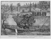 Lindfors järnvägsolycka på Bergslagens järnväg mellan Lindfors och Molkoms stationer lördagen 29/4 1882.
Teckningen är utförd efter skiss tagen på ort och ställe nästan omedelbart efter olyckshändelsen.