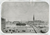 Sammanbindningsbanan, nuvarande Tegelbacken mot Riddarholmen, efter foto av ing. W.Friberg, Västervik.
Strömsborg och järnvägsbron söderut.
Original i Stockholms Högskola
Akvarell av Hj.Kumlien 1872.
En av de Kumlienska tavlorna