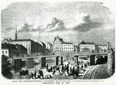 Statens Järnvägar, SJ, Bilder från sammanbindningsbanan i Stockholm. Nya Bron mellan staden och riddarholmen. Framtidsbild från år 1867.