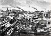 Stockholmsbild: En förmiddag Vid Mälarhamnen. Teckning av G. Broling.
Loket passerar på högbron det som tidigare kallades 