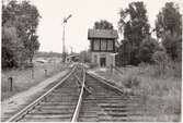 Södra änden av bangården, skylt står det H 98. Trafik började 1876, Pumpstation borttaget 1959.