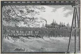Träsnitt: provisorisk träbro över Dalälven.