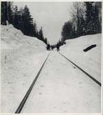 Järnvägslinje under vintertid med personal och skog i bild.