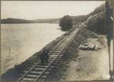 Dubbelspårsbanbyggnad Göteborg - Alingsås. Överbelastning före bottensprängning, Aug. 1916.