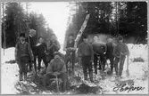 Arbetslag vid byggandet av järnvägen vid Hova på Västergötland - Göteborgs Järnväg (VGJ), sträckan Mariestad - Gårdsjö. Mannen i ljus pälsmössa är ingenjör Hjortberg och till höger om den lutande trädstammen står Ture Andersson som senare kom att bli banmästare vid VGJ.