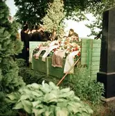 Bild från en begravning på Veddige kyrkogård. I förgrunden står på granrisbädd en grönmålad lår där kransarna placerats. Bland de sörjande i bakgrunden finns herrar i cylinderhatt och en dam i sorgeflor.