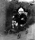 ETT LITET BARN SOM SITTER I EN KÄRRA.