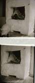 Två bilder på en ålderdomlig öppen spis i Fållses-stugan. På den övre bilden sitter en katt i spishålet och nedanför rör sig ett får ur bild.