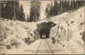Järnvägstunnel och kvinna vintertid. På linjen mellan Ulricehamn och Vegbo vi Sjögunnarsbo sanatorium.