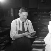 Arboga Tidning, personal och interiör.
Man, iklädd skjorta, slips och förkläde i ett rum med typer och ramar. Mannens yrkestitel är förmodligen sättare.