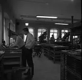 Arboga Tidning, personal och interiör. Flera män arbetar i lokalen. Mannen närmast fotografen bygger ens tidningssida medan en annan man ser på. Stora maskiner står i andra änden av rummet. Rummet har höga fönster och trägolv.