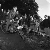 Arbogas Stjärnknutte
Tävling i terrängkörning med motorcykel. Ung man, på motorcykel, på väg nerför backe. Publiken står alldeles intill.