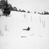 Arboga Tekniska Skola har idrottsdag. En person har åkt omkull i slalombacken.