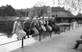 Avgångselever från Arboga Samrealskola iklädda realmössor, våren 1960.
Från vänster: Siv Österbacka, Gunnar Johansson, Gun Wadström, Åke Kjellmert, Ingela Mattsson, Lena Brorsson, Eva Pauly, Göran Bringby och Margareta Tegström.
Sex unga kvinnor och tre unga män sitter på räcket mot Arbogaån. I bakgrunden syns kvarteret Garvaregården och Kapellbron. Den lilla 
