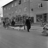 Barnens Dag firas. Två män leder en flera meter lång Bassethund på hjul. Framför dem ses en liten pojke i en kärra. Han har en Barnens-Dags-flagga i handen. I bakgrunden ses Stenbäcker Mjölk och Specerier.