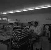 Domus. Interiör. Skyltar spikas upp och varor plockas fram. 
Mannen till vänster är Uno Smedberg och mannen till höger är föreståndare Nyström.