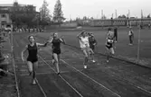 Skolidrott på Sturevallen
Löpning för flickor. Längst till vänster springer vinnaren, Karin Zackrisson från Stureskolan.