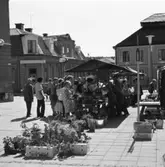 Torghandel. Bakom ståndet arbetar Göte och Nanny Lundin. Till sin hjälp har de 