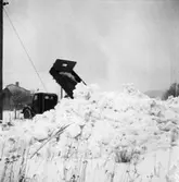 Snöröjning. En lastbil tippar av snö.