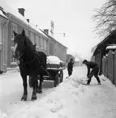 Snöröjning. Tvä män skottar upp snö på en vagn medan hästen tålmodigt väntar i snöfallet.