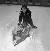 En pojke, iklädd öronlappsmössa, hjälper till med snöröjningen. Han har en snöplog på sin bob.