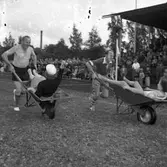 Casinorevyn på Sturevallen 
Till vänster springer den lokala underhållaren Gothard Holmberg (kallad Gotte). Han är fabrikör på Arboga Ångsåg AB. Men just nu skjutsar han en revyflicka i skottkärran. Han tävlar mot en kändis från Casinorevyn.
En stor publik har samlats på Sturevallen för att beskåda tävlingen.
Bilden finns med i Reinhold Carlssons bok 