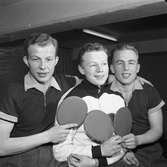 Arboga Bordtennisklubb är seriesegrare i division 2.
Från vänster: Nils Peterson, Toni Borg och Stig Eklöv som håller i var sitt racket.
Pingis, pingpong