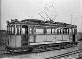 Aktiebolaget Stockholms Spårvägar, SS A2e 144. Den trafikerade Brommabanan och gick mellan Tegelbacken och Ulvsunda. Fotograferad vid Hagalund järnvägsstation.