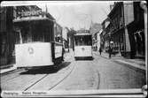 Jönköpings Spårvägar, JS spårvagnar 3 och 1 på Västra Storgatan i Jönköping.