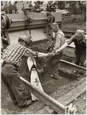 Ellert Eriksson, Tore Cederholm och Lars Olsson placerar ut betongsliper för montering på räls.