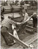 Ellert Eriksson, Tore Cederholm och Lars Olsson placerar ut betongsliper för montering på räls.