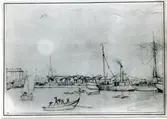 Teckning föreställande Västerås hamn på 1860-talet, av
teckningsläraren vid Högre allmänna läroverket i Västerås Nils Tufvesson.