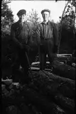 Två skogshuggare klyver stockar. Mannen till vänster kallas Målarns Gustav och till höger kan det vara Karl Lundgren eller Bengt Rosengren.
