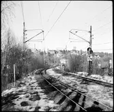 På linjen mellan Freskati och Stocksund efter Roslagsbanan. Längre fram ser vi järnvägsbron över Stocksundet.