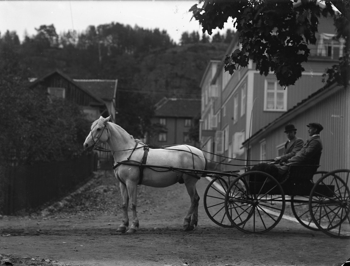 Calla Helena Sundbeck, Två män sitter i en tvåaxlad vagn dragen av en vit häst i hörnet Sjögatan och Ribbagårdsgränd. Fotograferade från nedre delen av Ribbagårdsgränd upp mot Brahegatan/Grännaberget. Till höger syns kvarteret Adelin 2 och till vänster Adelin 1. Någon av männen i vagnen heter sannolikt Harald Wästerberg …