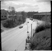 Spårvagnar i trafik utanför Stadion på Lidingövägen vid Stadion. Tåget på väg mot Lidingö.