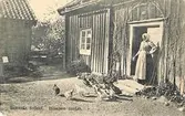 Vykort med motiv över en lantgård där en kvinna matar hönsen.
