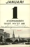 Vykort med motiv över Allmänna läroverket och Gustav Adolfs kyrka samt en Gott nytt år- hälsning.
