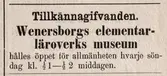 Tillkännagifvanden. Wenersborgs elementarläroverks museum. Annons ur Tidning för Wenersborgs stad och län. Tisdagen den 5 november 1872