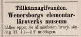 Tillkännagifvanden. Wenersborgs elementarläroverks museum. Annons ur Tidning för Wenersborgs stad och län. Tisdagen den 5 november 1872