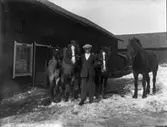 Man med fyra hästar på stallbacken.