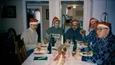Julfest för hembygdsföreningens funktionärer på Långåker, 1980-tal. Iklädda röda tomteluvor ses från vänster: Håkan Magnusson, Karin Gustafsson, Staffan Bjerrhede, Berny Gustafsson samt Thure Bjerrhede.