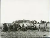 Skultuna sn, Västerås, Forsby.
Rättarlaget och traktor med skördetröska, 1918.