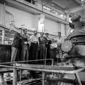 Reportage från pappersbruket Papyrus pressvisning i Mölndal, 29/8 1955. Andra mannen från vänster är Thor Svensson, pappersingenjör.