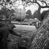 Transport av pappersbruket Papyrus PM2 yankeecylinder. Cylindern lastas från järnvägsvagn till lastfordon i Mölndal, 2/6 1956.