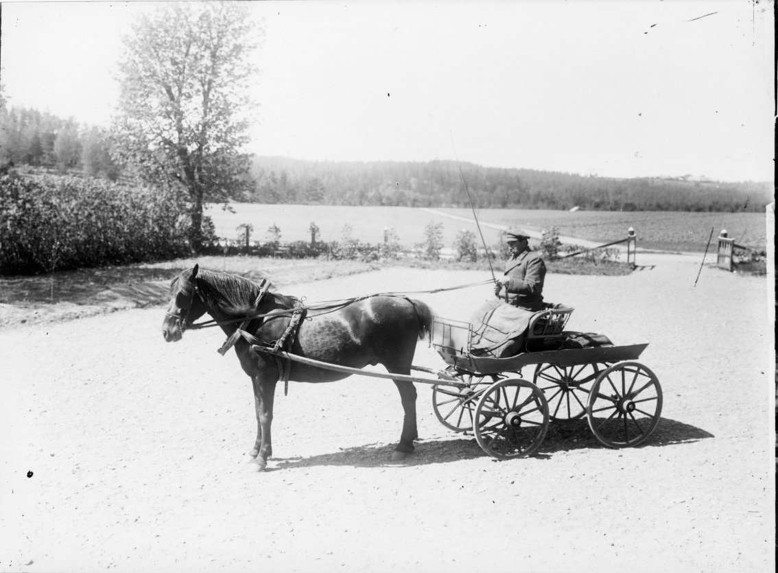 Calla Helena Sundbeck, A two-axle carriage attached to a horse is on an unknown farm plan. A man with a cap sits on the cuckold.