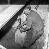 Byggnad 19 på pappersbruket Papyrus i Mölndal, 16/7 1966. Förstärkning av bjälklag genom megapålning.