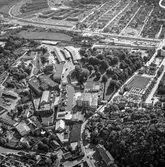 Flygfoto över pappersbruket Papyrus fabriksområde i Mölndal, 9/6 1969.