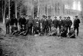 MÅNGA MÄN MED GEVÄR OCH HUND I SKOGEN. JUNI 1912.