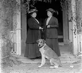 TVÅ KVINNOR I EN VERANDA, FRAMFÖR DEM SITTER EN HUND.
